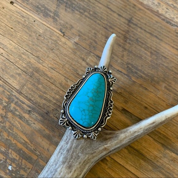 Western Turquoise Blossom Natural Turquoise Oversized Stone Silver Cuff Ring - Picture 4 of 6